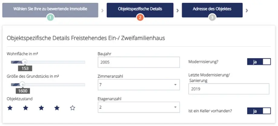 Immobilienbewertungs-Leadgenerator Screenshot zur Abfrage der objektspezifischen Details. Immobilienbewertungs-Leadgenerator Screenshot zur Abfrage der objektspezifischen Details.