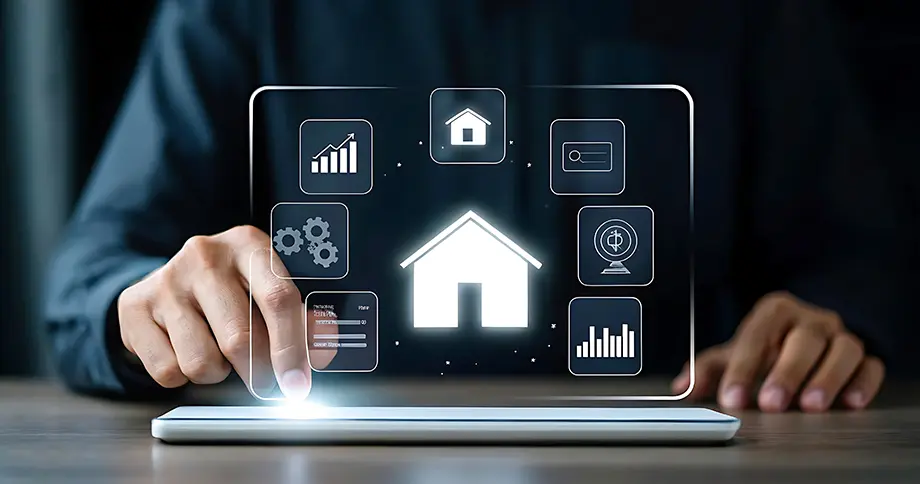 Geschäftsperson steuert smarte Immobilien- und Finanzfunktionen am Table. Symbolbild für digitales Immobilienmanagement und moderne Technologie. Geschäftsperson steuert smarte Immobilien- und Finanzfunktionen am Table. Symbolbild für digitales Immobilienmanagement und moderne Technologie.