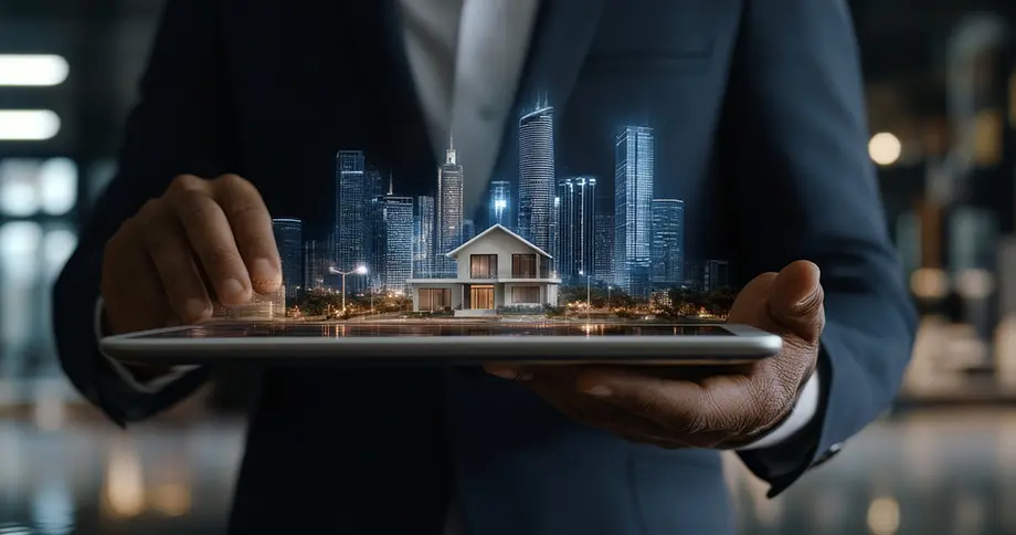 Geschäftsmann hält Tablet mit holografischer Darstellung von Haus und Skyline. Symbolbild für Moderne Immobilienvisualisierung. Geschäftsmann hält Tablet mit holografischer Darstellung von Haus und Skyline. Symbolbild für Moderne Immobilienvisualisierung.