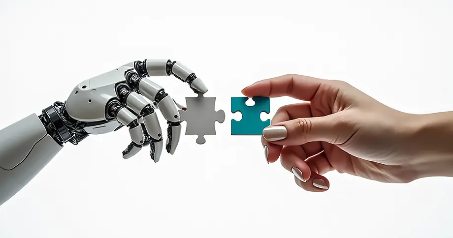 Eine Roboterhand und eine menschliche Hand arbeiten zusammen und tauschen ein Puzzleteil aus. Diese Interaktion symbolisiert die Verschmelzung von Technologie. Eine Roboterhand und eine menschliche Hand arbeiten zusammen und tauschen ein Puzzleteil aus. Diese Interaktion symbolisiert die Verschmelzung von Technologie.