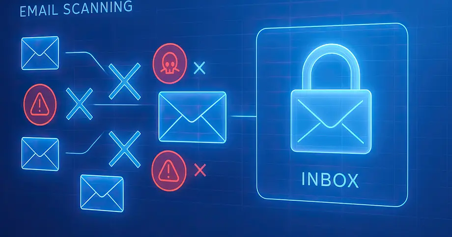 E-Mail-Scan-Konzept mit digitalen Umschlagsymbolen, Warnsymbolen und einem sicheren Posteingangsschlosssymbol auf einer blauen, futuristischen Benutzeroberfläche, die die E-Mail-Sicherheit darstellt .... E-Mail-Scan-Konzept mit digitalen Umschlagsymbolen, Warnsymbolen und einem sicheren Posteingangsschlosssymbol auf einer blauen, futuristischen Benutzeroberfläche, die die E-Mail-Sicherheit darstellt ....
