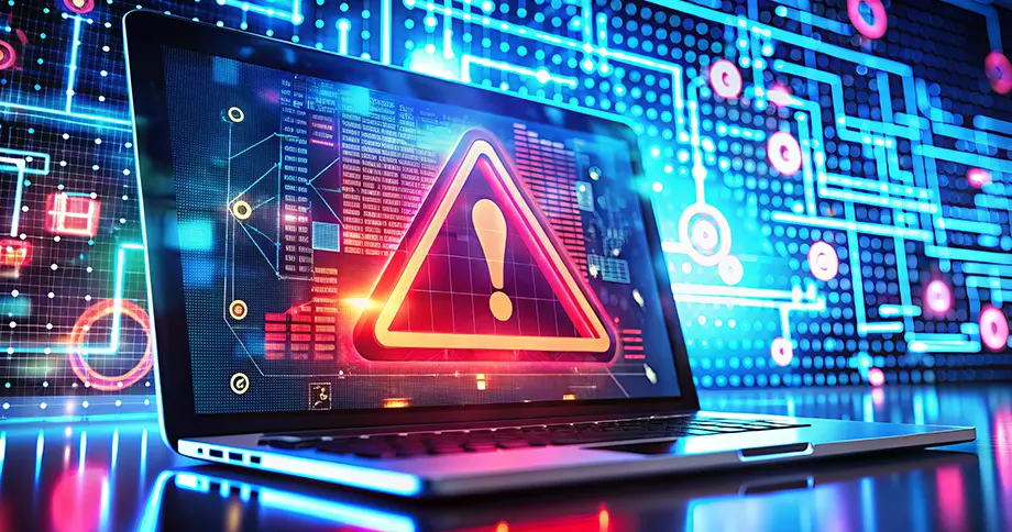 Laptop mit Warnhinweis auf dem Bildschirm, symbolisiert Bedrohungen durch Viren, Malware und unsichere E-Mails in der digitalen Kommunikation. Laptop mit Warnhinweis auf dem Bildschirm, symbolisiert Bedrohungen durch Viren, Malware und unsichere E-Mails in der digitalen Kommunikation.