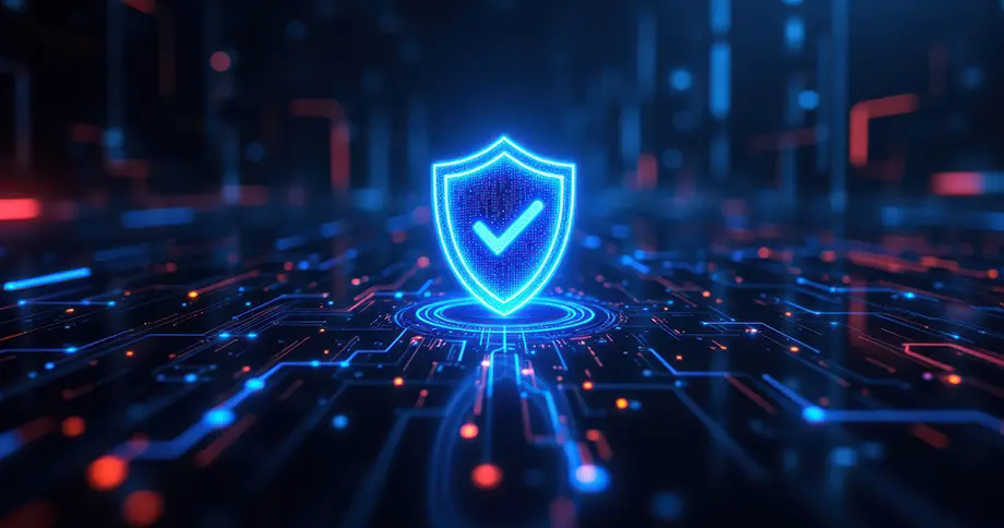 Ein digitales Cybersicherheitsschild mit einem blauen Häkchensymbol auf einem Hightech-Hintergrund aus Schaltkreisen und leuchtenden Linien. Ein digitales Cybersicherheitsschild mit einem blauen Häkchensymbol auf einem Hightech-Hintergrund aus Schaltkreisen und leuchtenden Linien.