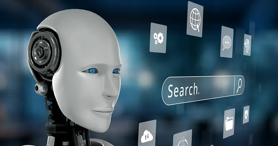 Künstliche Intelligenz mit humanoidem Roboter analysiert digitale Symbole und Suchanfragen – Symbolbild für KI-gestützte SEO und automatisierte Suchmaschinenoptimierung Künstliche Intelligenz mit humanoidem Roboter analysiert digitale Symbole und Suchanfragen – Symbolbild für KI-gestützte SEO und automatisierte Suchmaschinenoptimierung