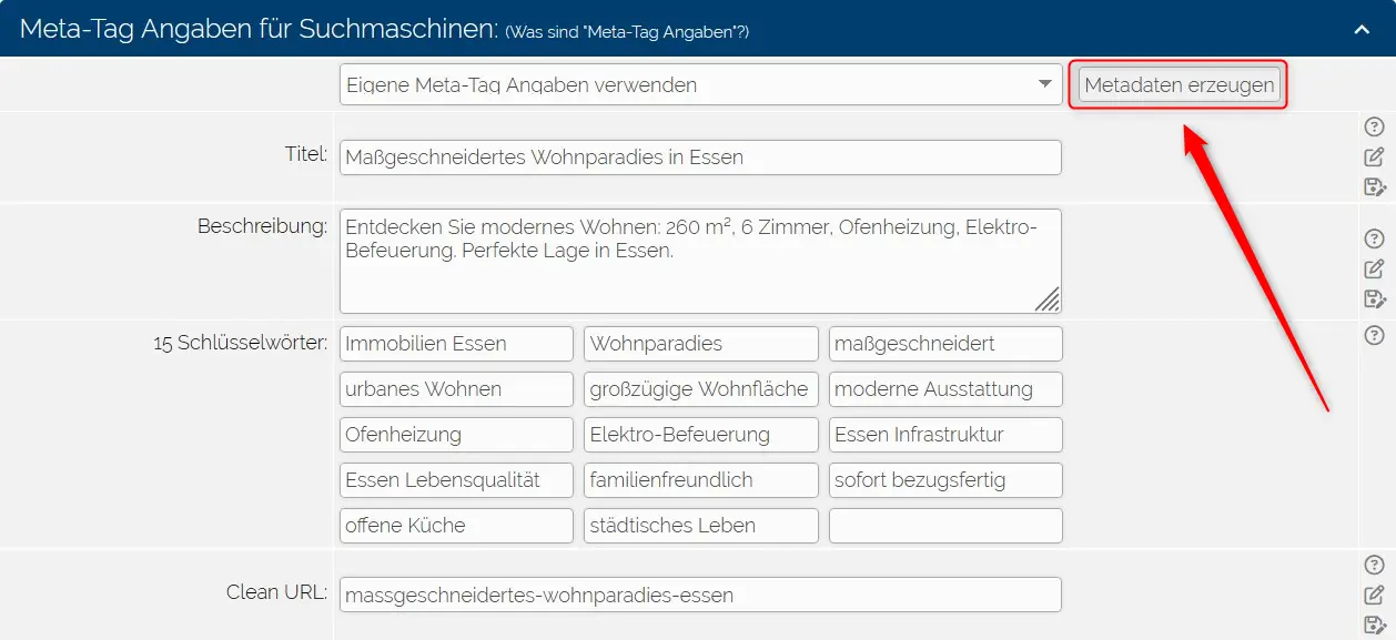 Screenshot aus immoprofessional: Automatische Meta-Tag-Erstellung per KI mit Titel, Beschreibung, Keywords und Clean-URL für ein Immobilienangebot Screenshot aus immoprofessional: Automatische Meta-Tag-Erstellung per KI mit Titel, Beschreibung, Keywords und Clean-URL für ein Immobilienangebot