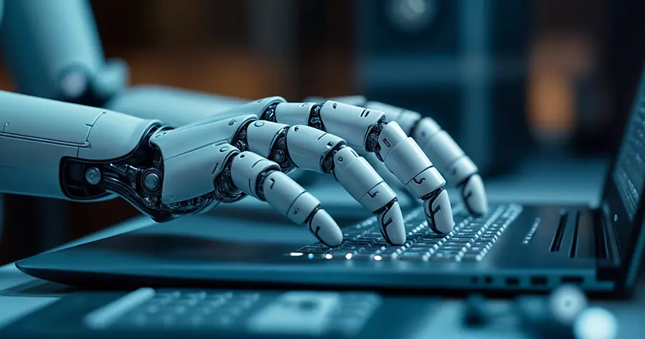 Roboterhand tippt auf der Tastatur eines Laptops - steht für KI-gestützte Text- und E-Mail-Automation in immoprofessional zur effizienten Immobilienvermarktung. Roboterhand tippt auf der Tastatur eines Laptops - steht für KI-gestützte Text- und E-Mail-Automation in immoprofessional zur effizienten Immobilienvermarktung.