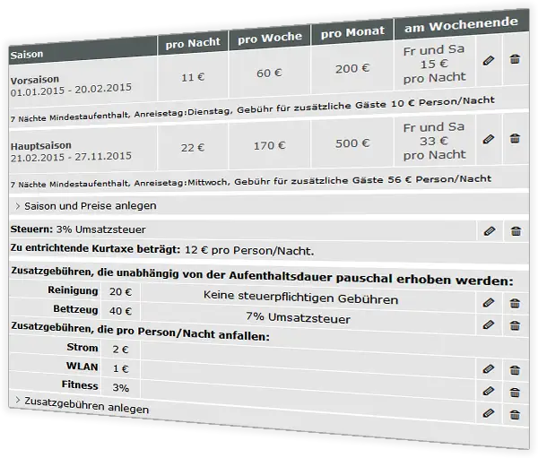 Input form for seasons, prices, taxes and additional costs