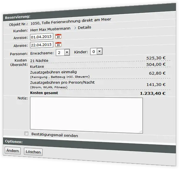 Reservation with cost overview and total price