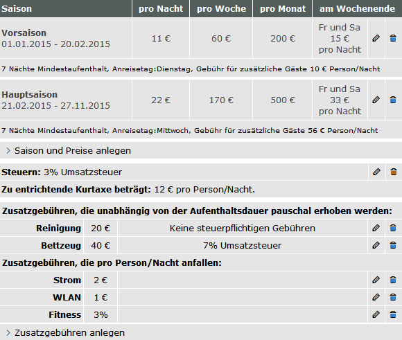 Eingabemaske - Saison + Steuern + einmalige/wiederkehrende Kosten