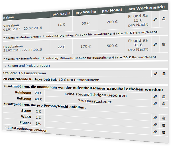 Eingabemaske - Saison + Steuern + einmalige/wiederkehrende Kosten